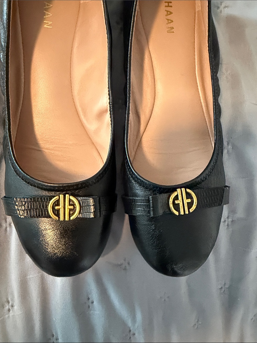 Cole Haan Black Leather Ballet Flats with Gold Double-H Logo - Picture 7 of 10